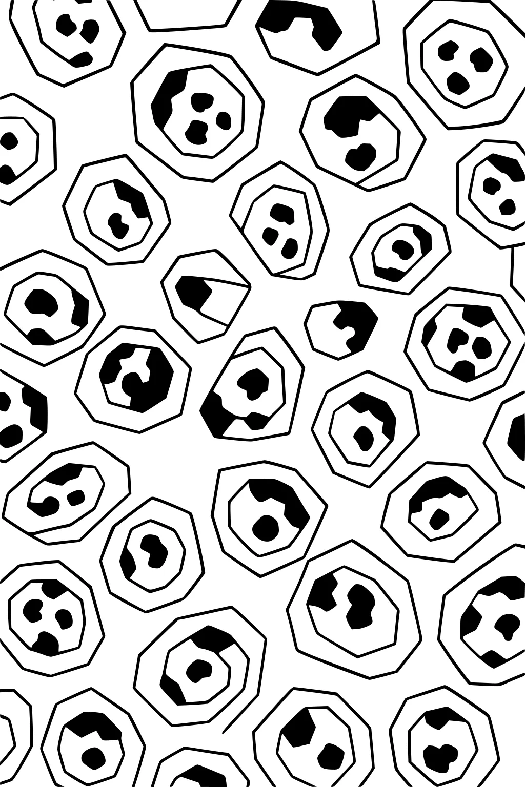 Leopard pattern with bumpy outlined spots, each with dark shapes in the middle, spread across a white background.