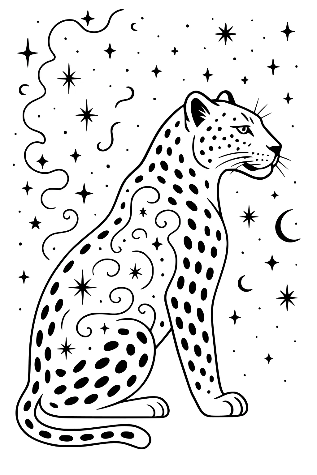 Sitting leopard with bold spots, curly swirls on body, surrounded by stars and crescent moons on a blank background.