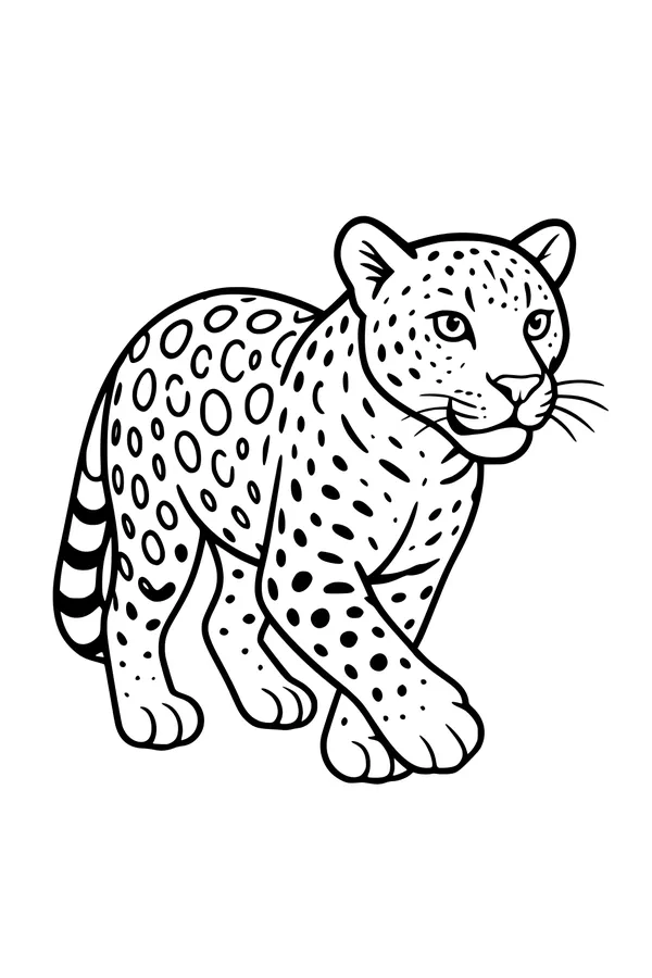 Free Leopard Coloring Page - Young Spotted Jungle Cat Walking (Printable PDF)