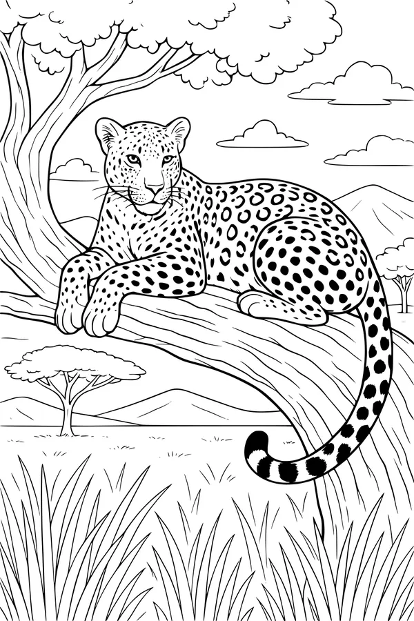Free Leopard Coloring Page - Spotted Cat Lounging in Savannah Tree (Printable PDF)