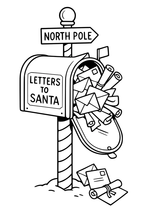 Free North Pole Mailbox Coloring Page - Letters to Santa Overflow (Printable PDF)