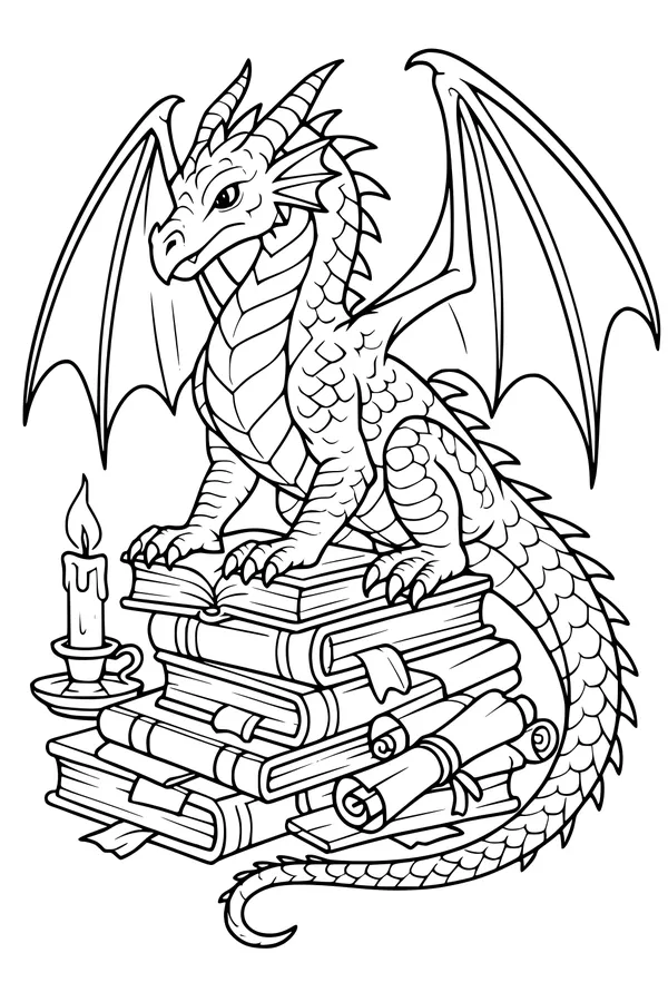 Free Dragon Coloring Page - Library Guardian on Books and Scrolls (Printable PDF)