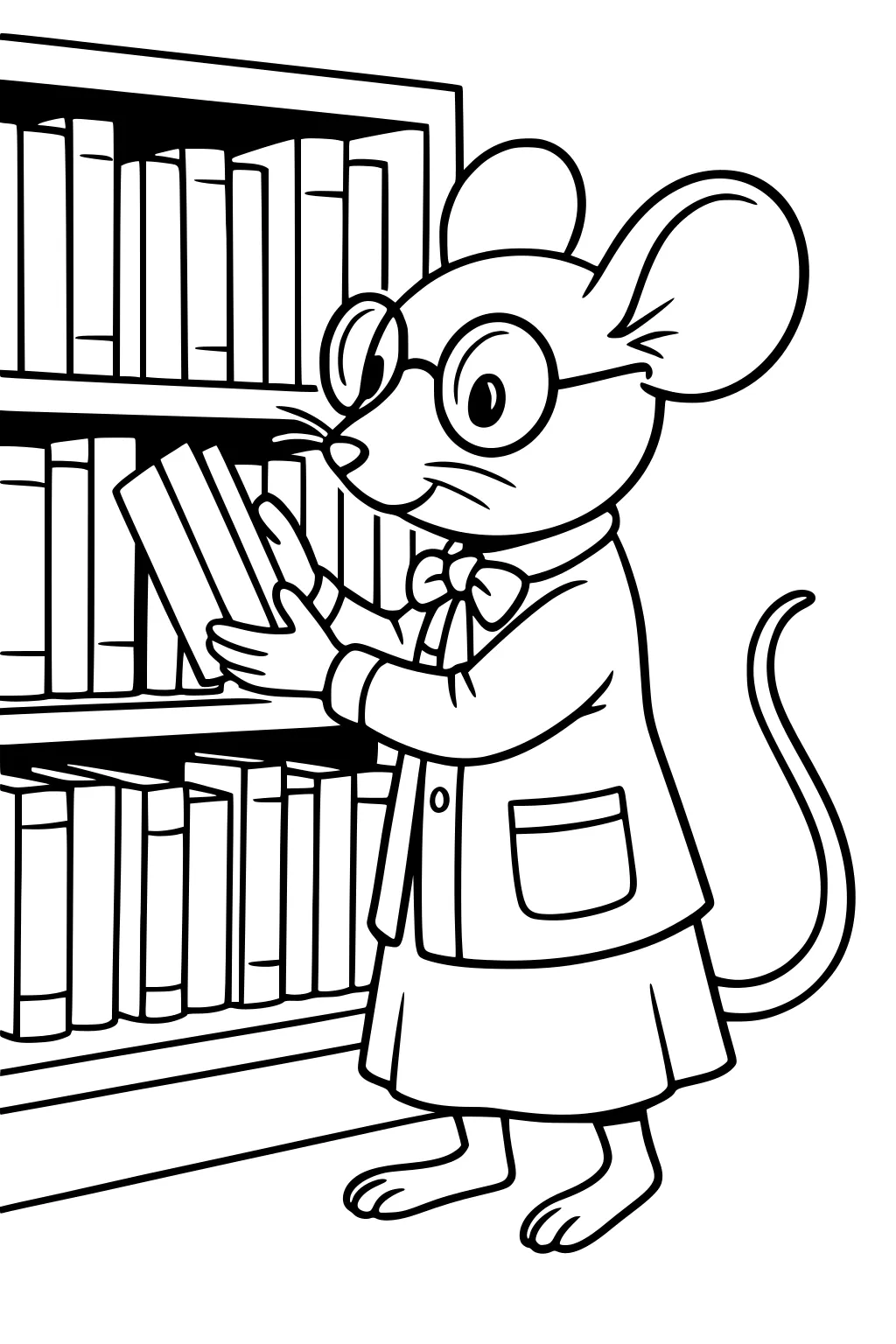 Mouse wearing glasses and a jacket holding a book while standing next to a bookshelf filled with books.