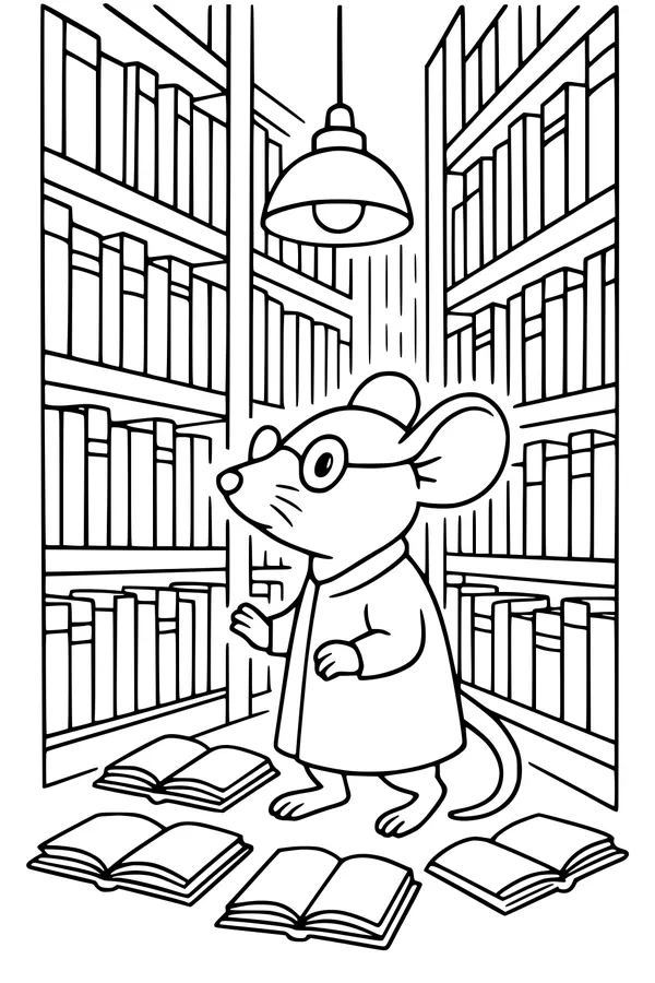 Free Mouse Coloring Page - Professor Mouse in a Cozy Book Library (Printable PDF)