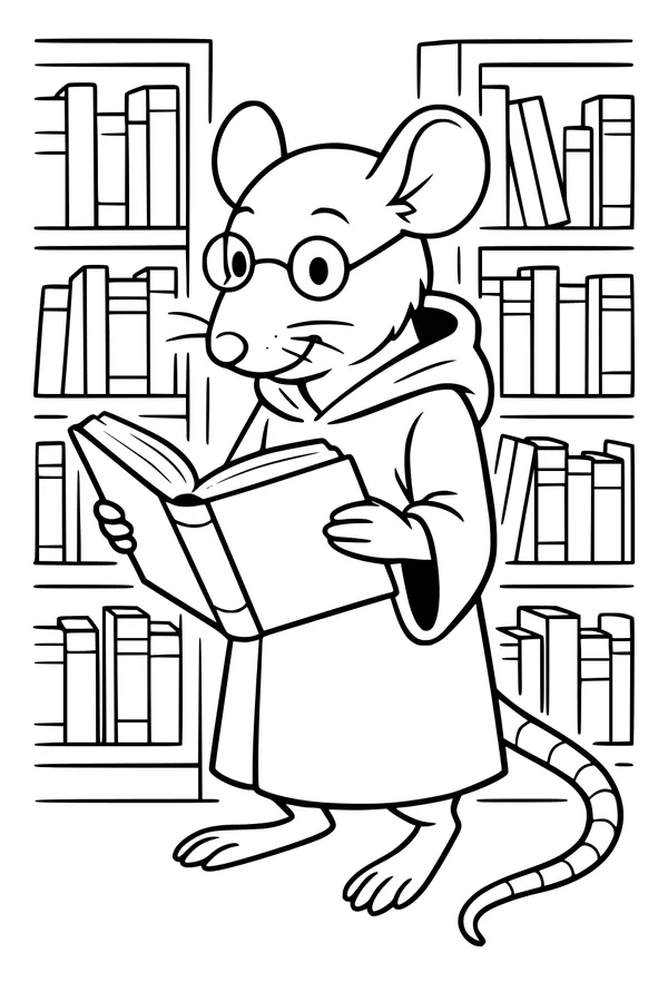 Free Rat Coloring Page - Bookish Professor in a Cozy Library (Printable PDF)