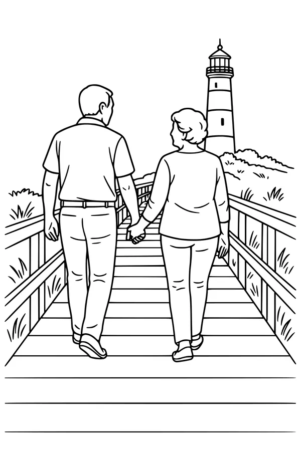 Free Retirement Coloring Page - Senior Couple Walking to Lighthouse (Printable PDF)