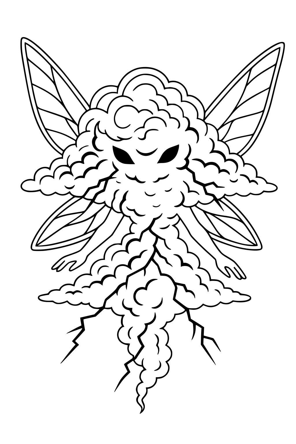 Storm fairy girl made of clouds with big veined wings, almond eyes, tiny hands, and zigzag lightning bolts underneath.
