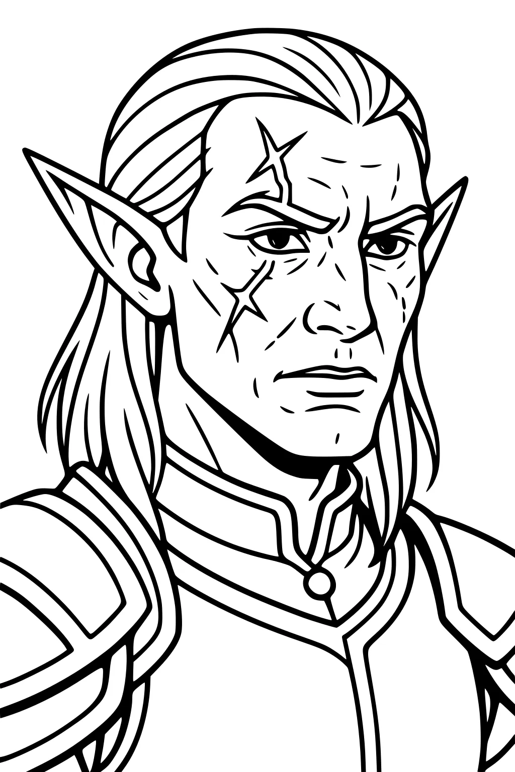 Line art portrait of a stern male elf with long hair, pointed ears, star-shaped scars, and armor shoulder plates, no background.