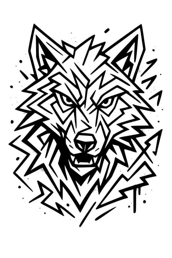Free Wolf Coloring Page - Geometric Lightning Wolf Face (Printable PDF)