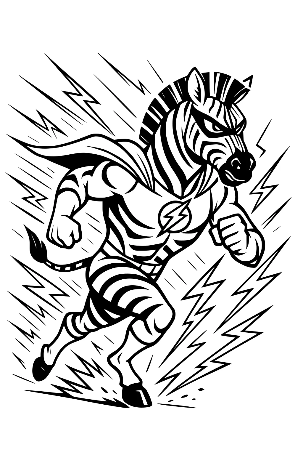 Superhero zebra runs with a cape and mask, bold stripes and lightning bolts surrounding his muscular cartoon body.