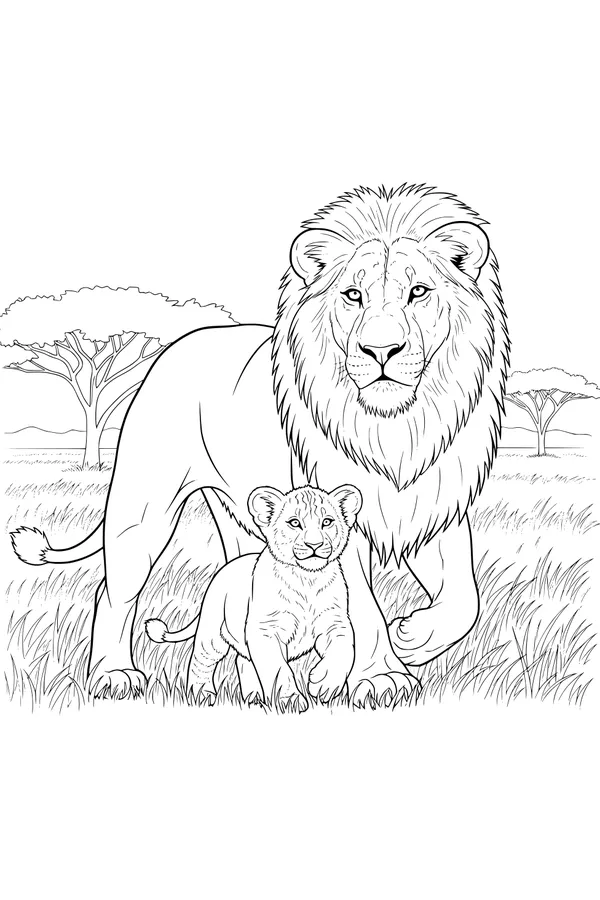 Free Lion Coloring Page - Protective Father With Playful Cub (Printable PDF)