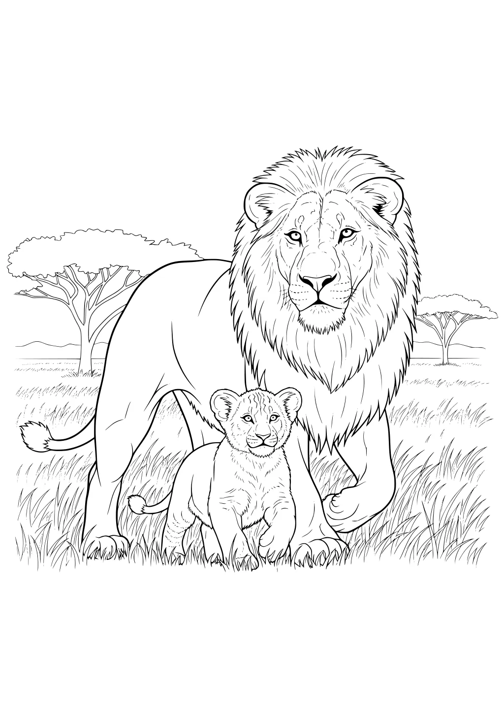 Large male lion stands behind a lion cub on grassy savanna with two acacia trees in background.