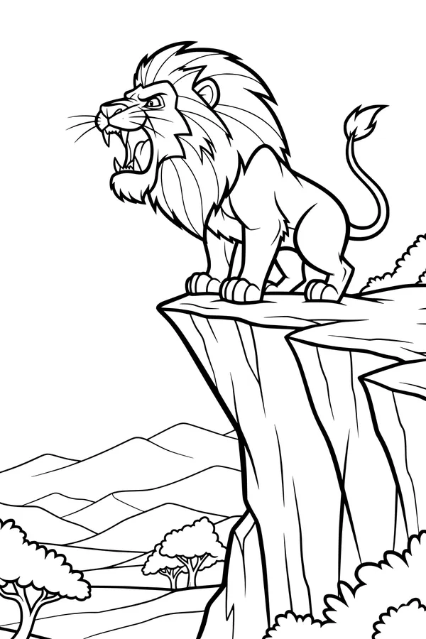 Free Lion Coloring Page - Roaring King Above Savannah Cliffs (Printable PDF)