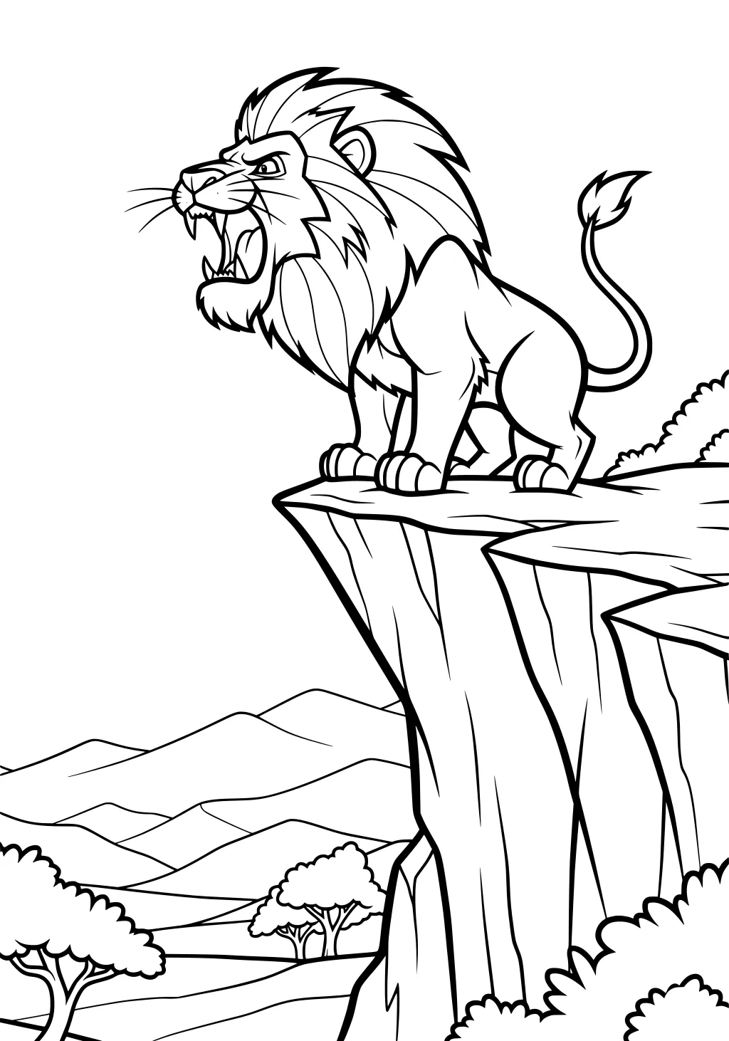 A lion with a thick mane roars on a cliff ledge over a savannah landscape with trees and hills in the background.