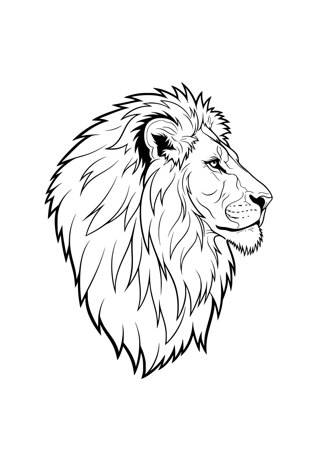 Profile of a lion's head with detailed mane, looking to the right, drawn with bold black outlines on white background.