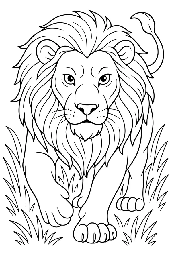 Free Lion Coloring Page - King Leo Walking Through Tall Grass (Printable PDF)