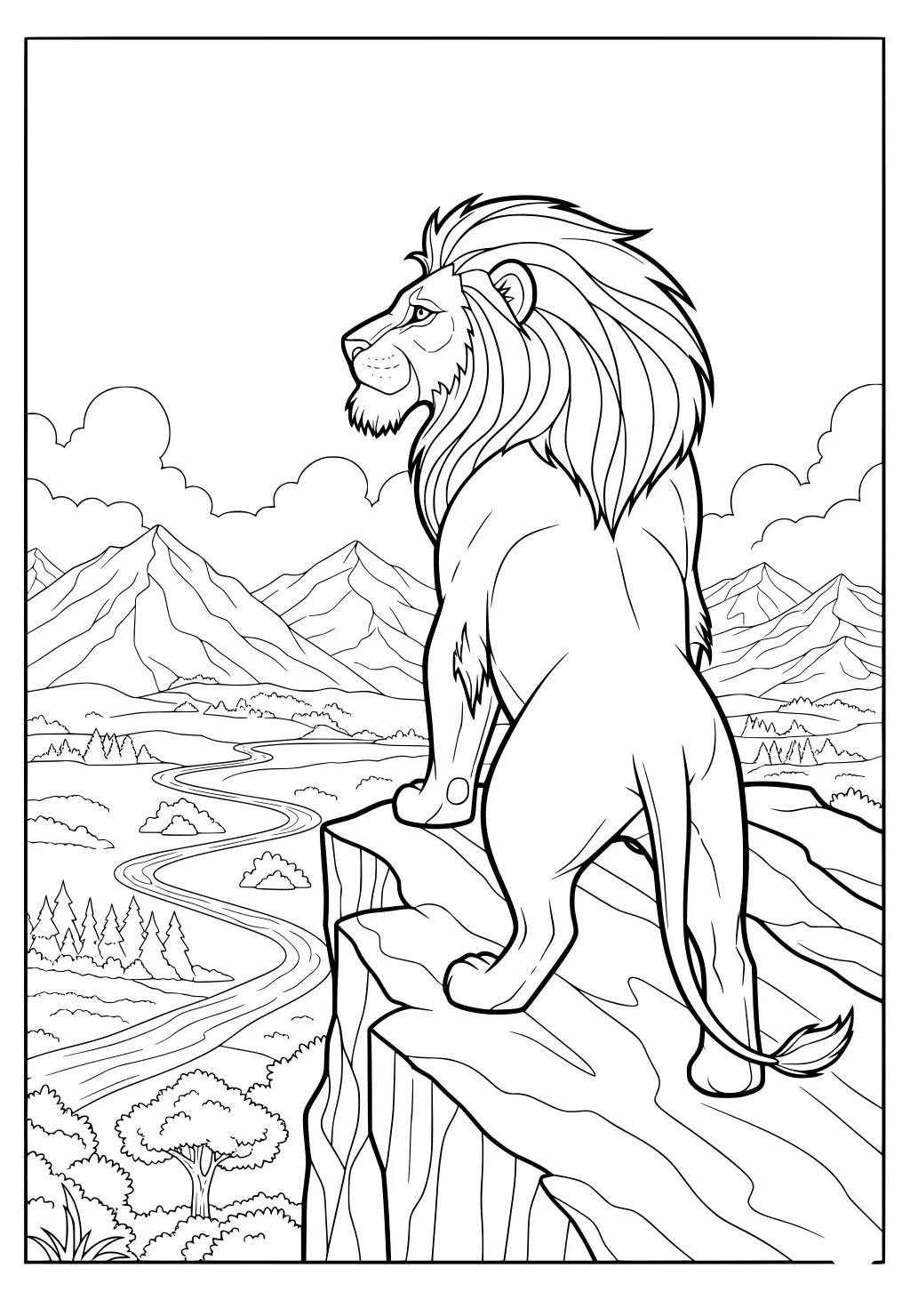 Male lion with a large mane stands on a cliff overlooking a winding river, trees, and mountains under a cloudy sky.