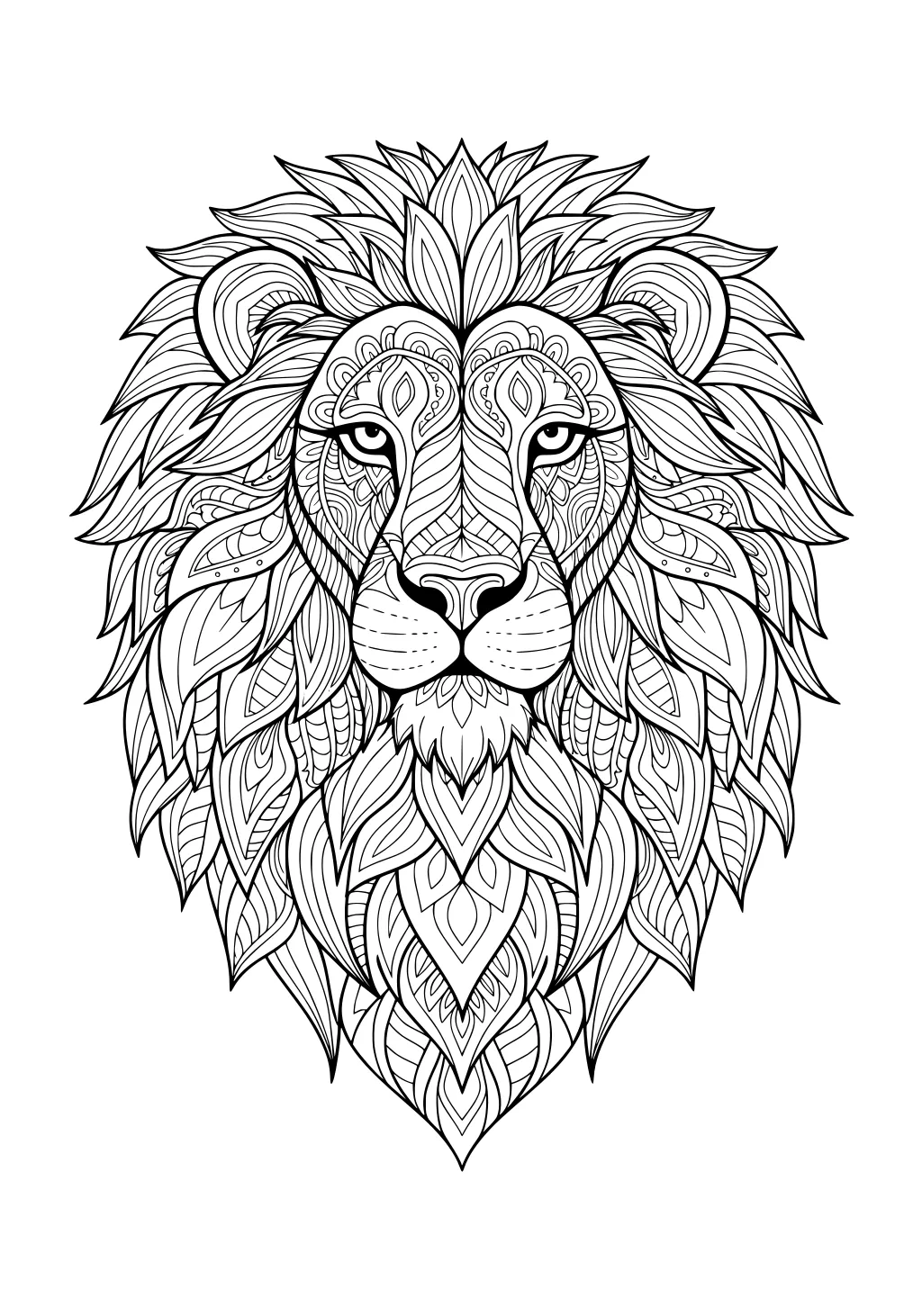 Detailed patterned lion head with large mane and symmetrical decorative designs.