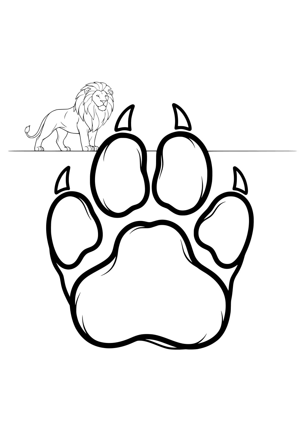 A lion with a full mane stands on all fours above a large, bold paw print with four toes and visible claws.