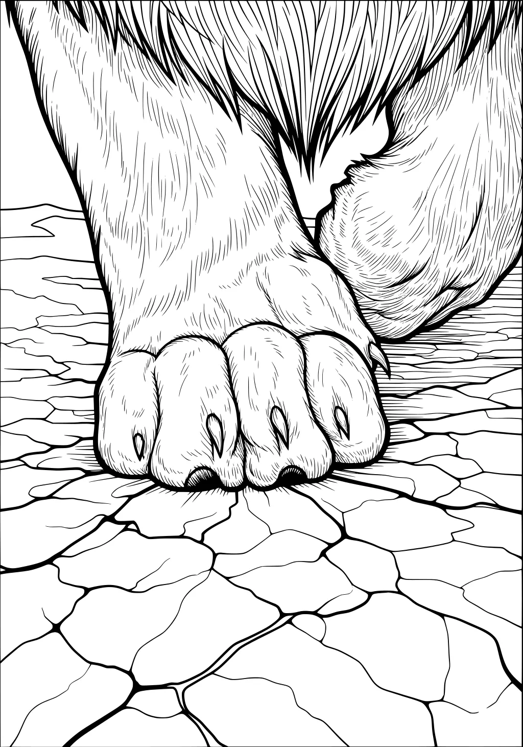 Detailed lion paw with fur and claws pressing onto cracked dry earth.