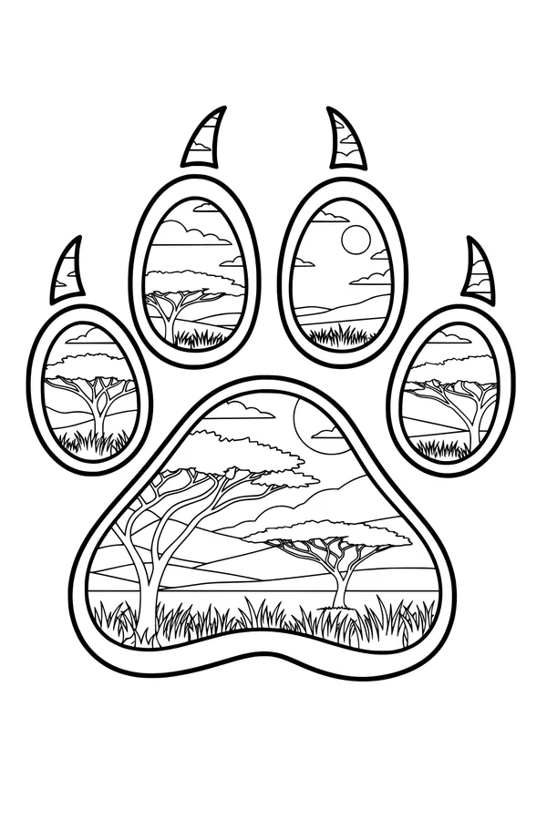 Free Lion Paw Print Coloring Page - Savanna Landscape Design (Printable PDF)