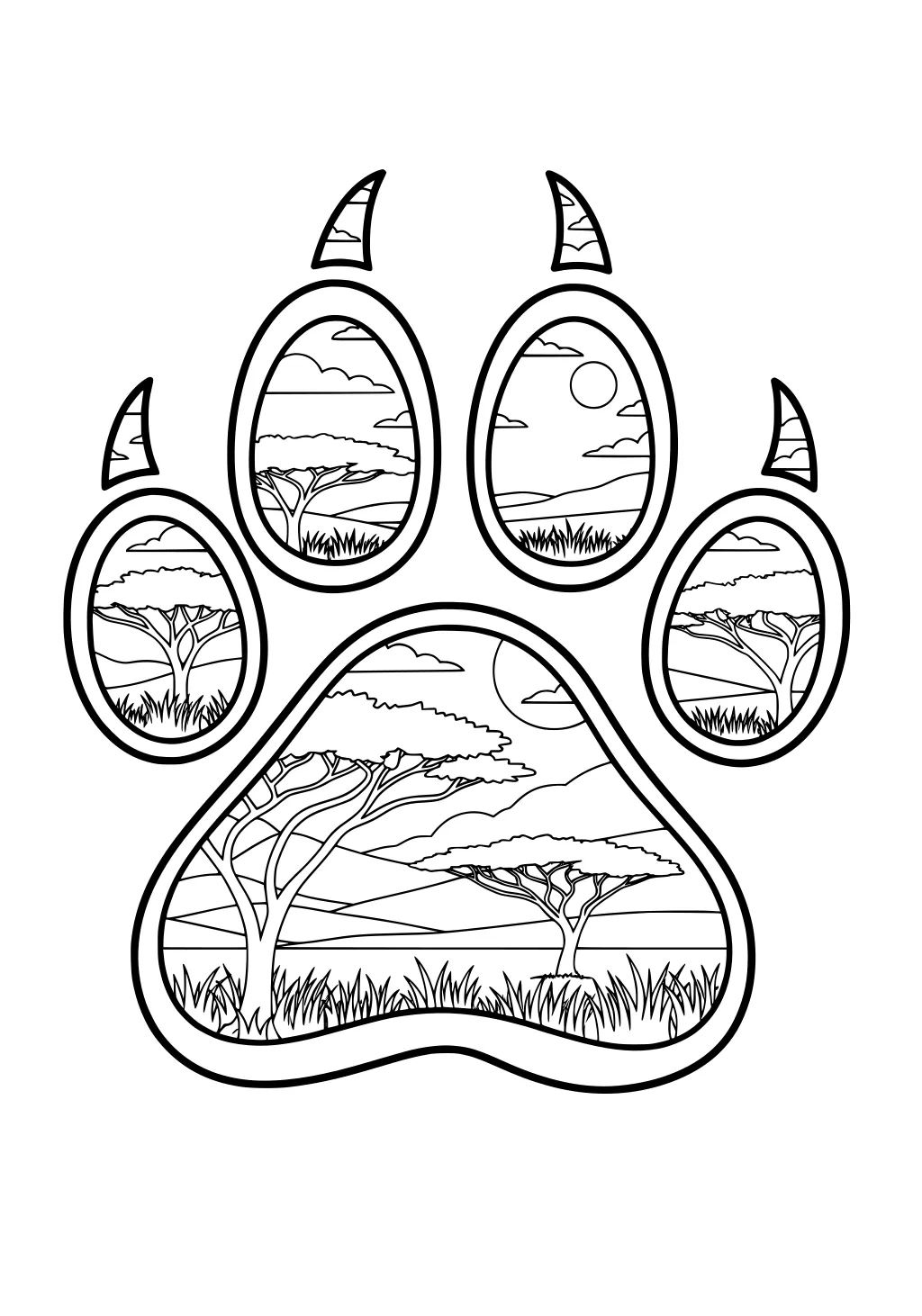Lion paw print with sharp claws filled with savanna landscape, trees, grass, clouds, and sun.