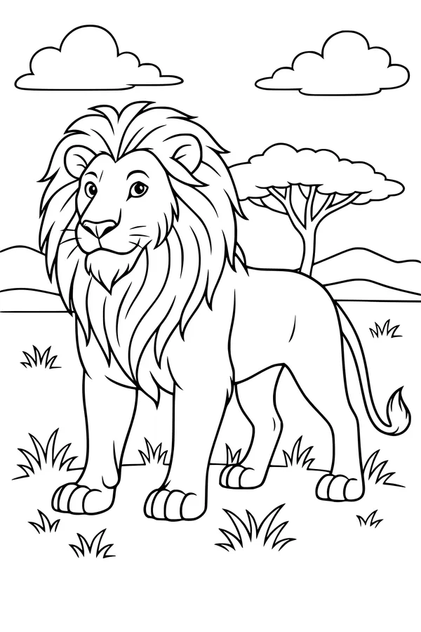 Free Lion Coloring Page - King Leo on the Savannah Plains (Printable PDF)