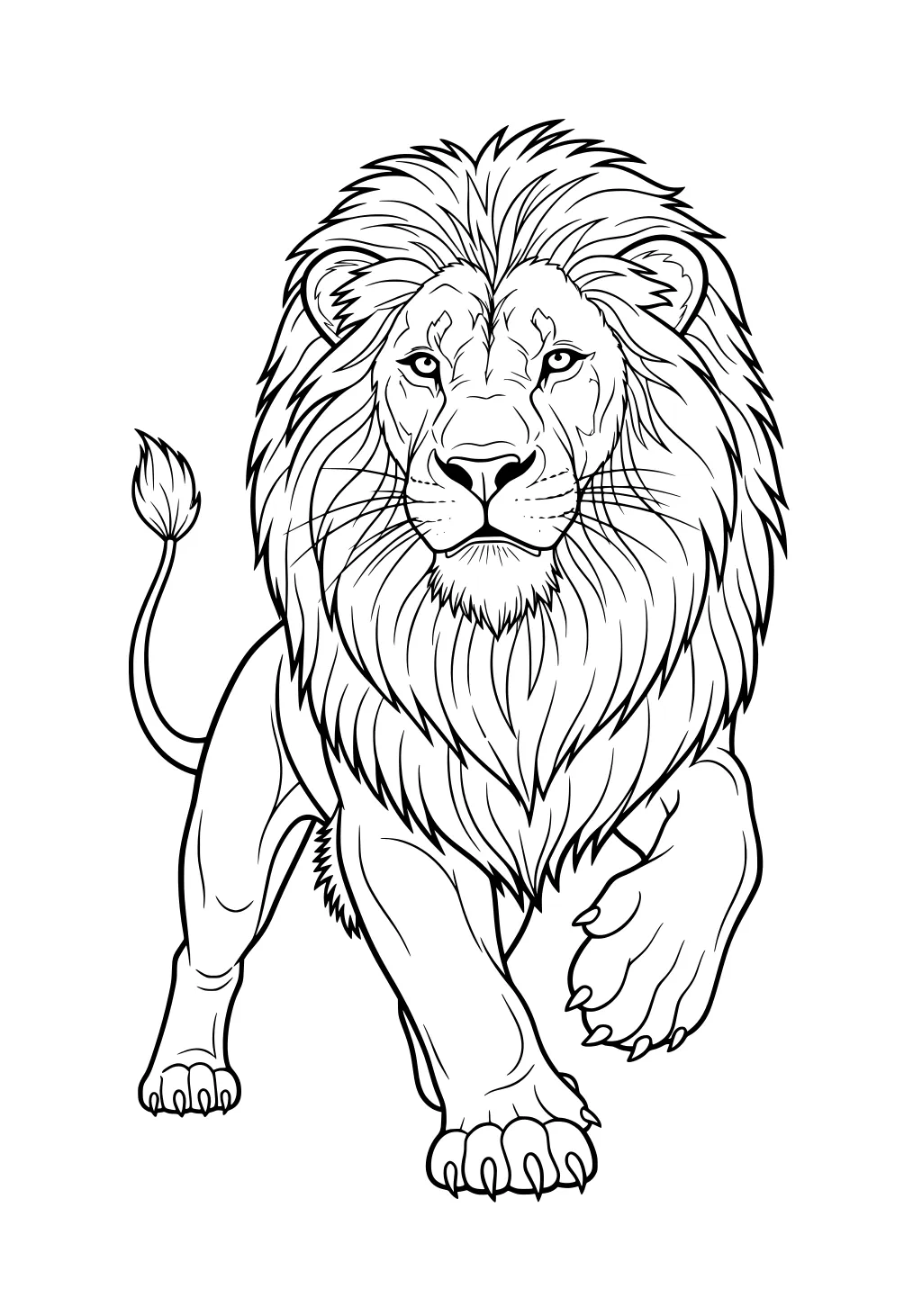 Lion with big flowing mane walking forward, one front paw raised, detailed face, and curling tail.