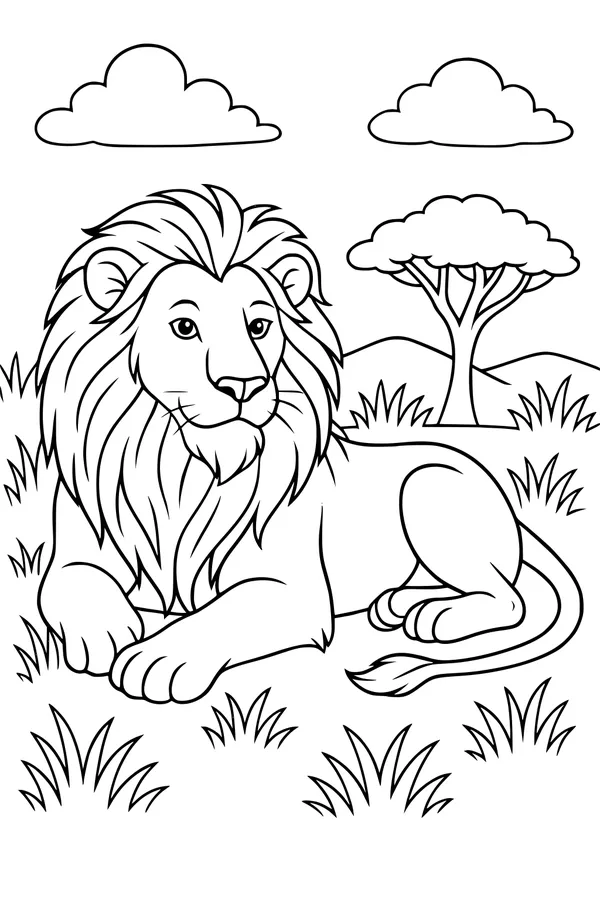 Free Lion Coloring Page - Gentle Lion King in Sunny Savanna (Printable PDF)