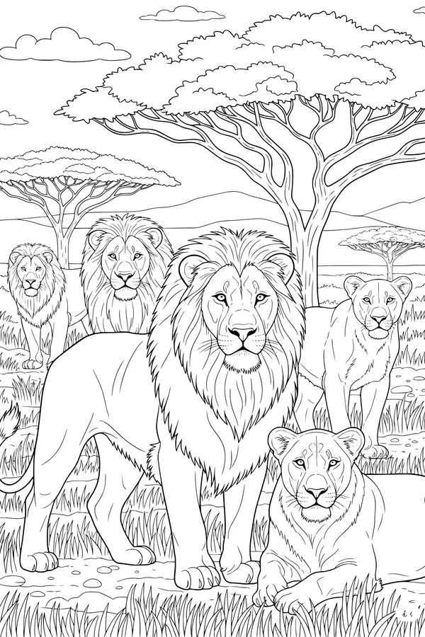 Free Lion Family Coloring Page - Five Lions in Sunny Savannah (Printable PDF)
