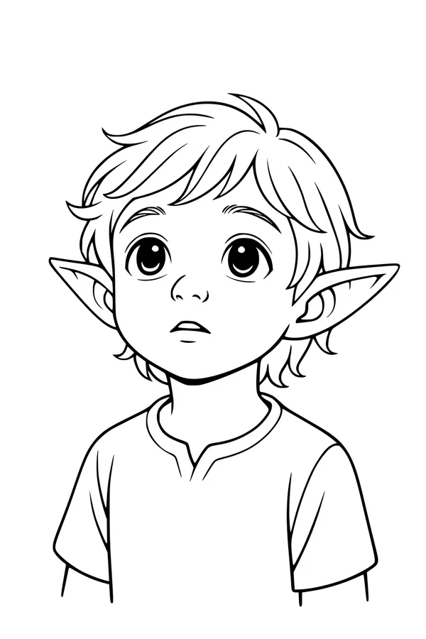 Free Elf Coloring Page - Young Forest Elf Looking Up (Printable PDF)