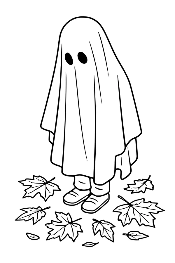 Free Ghost Costume Coloring Page - Child in Autumn Leaves (Printable PDF)