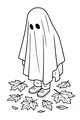 Free Ghost Costume Coloring Page - Child in Autumn Leaves (Printable PDF)