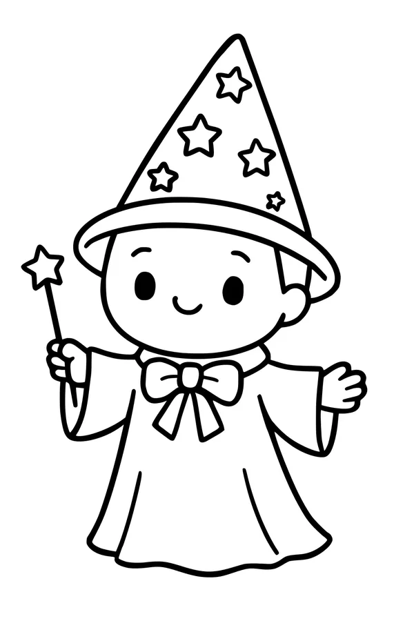 Free Wizard Coloring Page - Smiling Boy in Starry Halloween Costume (Printable PDF)