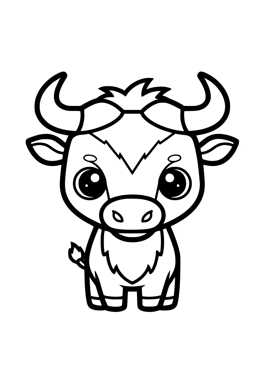 Cartoon wildebeest front view with big eyes, curved horns, tufted chin and tail, short legs, bold simple outlines.