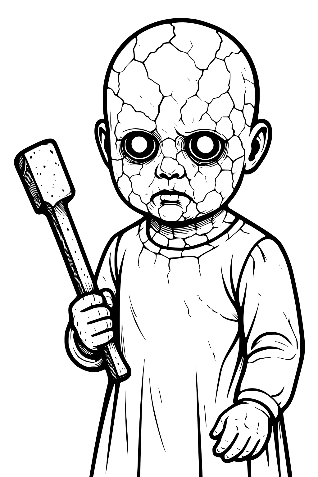 Cartoon zombie boy with cracked face, big round eyes, long gown, and a rectangular stick, drawn with bold black outlines.