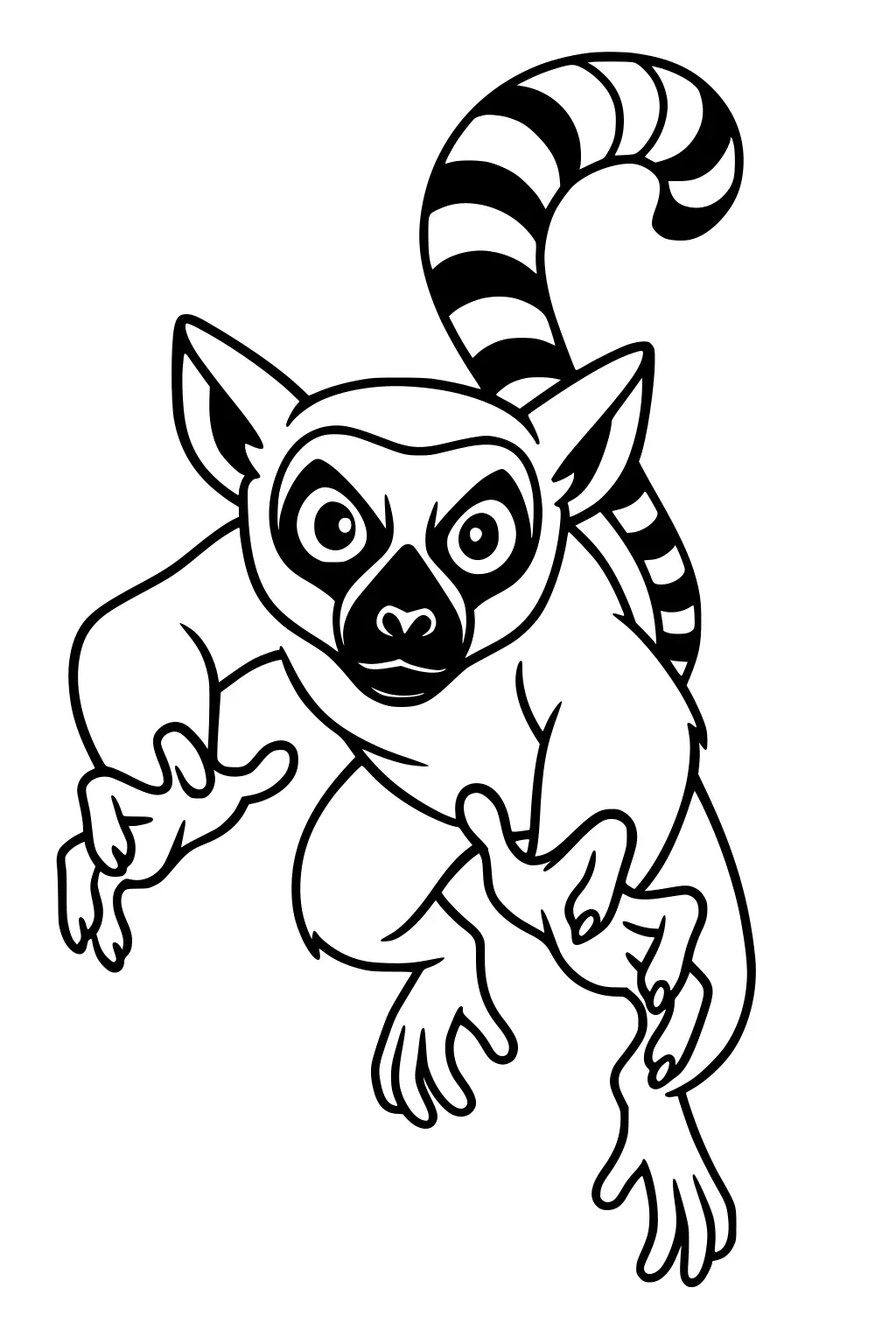 A ring-tailed lemur with large eyes, striped tail, and spread hands reaching forward.
