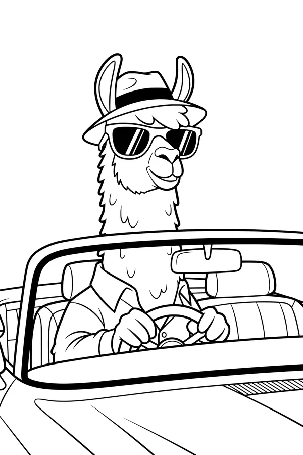 Free Llama Coloring Page - Cool Llama Driving a Convertible (Printable PDF)