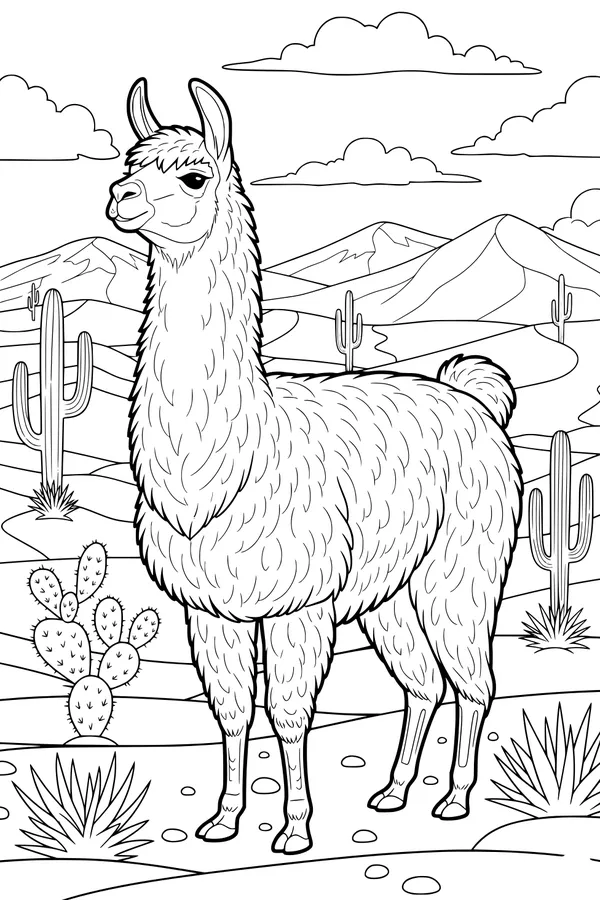 Free Llama Coloring Page - Fluffy Llama in Sunny Desert (Printable PDF)