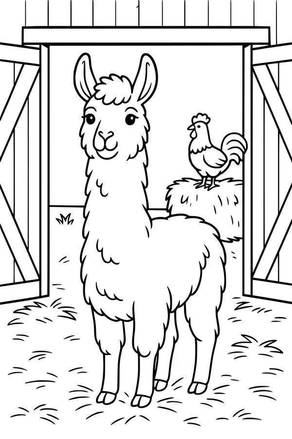 Free Llama Coloring Page - Barnyard Hello With Rooster (Printable PDF)