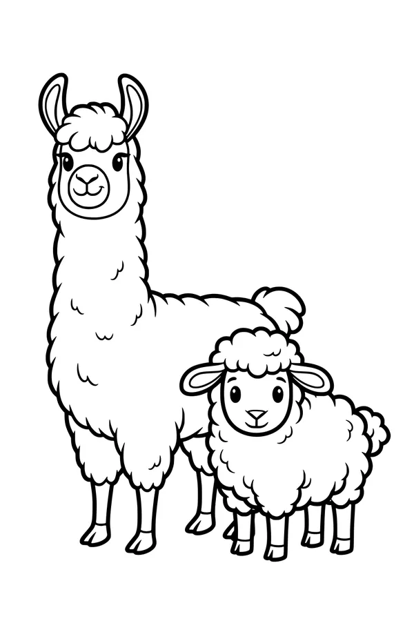 Free Llama Coloring Page - Fluffy Llama and Lamb Friends (Printable PDF)