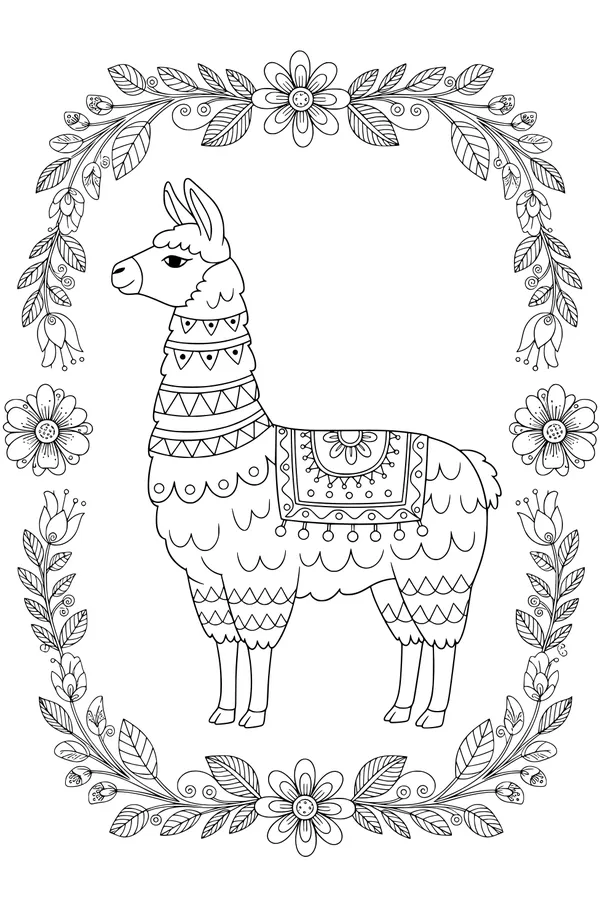 Free Llama Coloring Page - Fancy Llama in Floral Frame (Printable PDF)