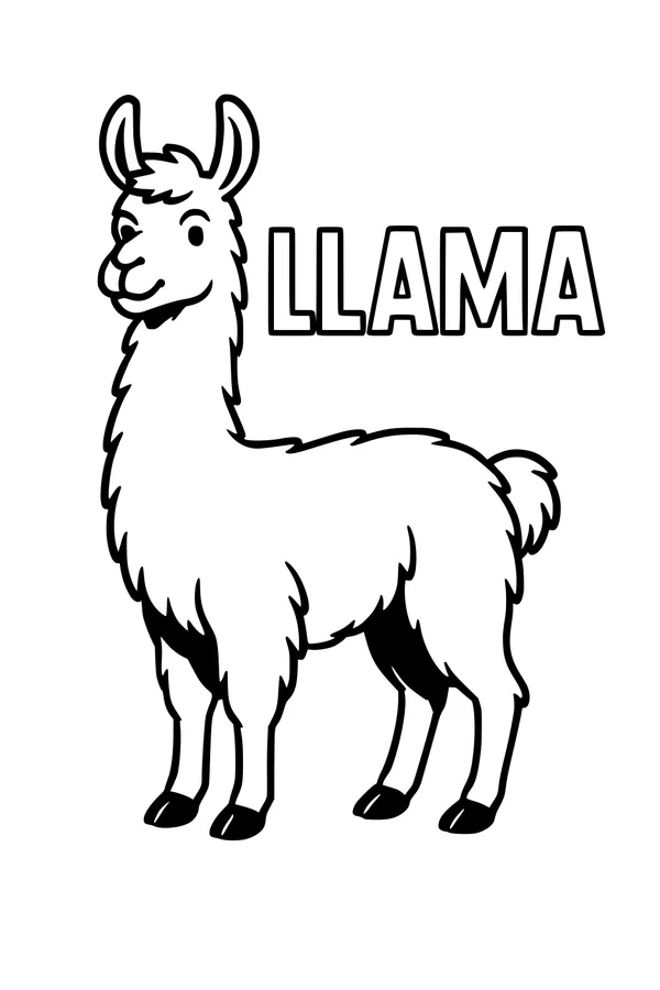 Free Llama Coloring Page - Fluffy Cartoon Llama With LLAMA Letters (Printable PDF)