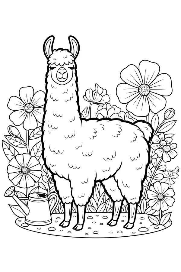 Free Llama Coloring Page - Fluffy Llama in Flower Garden (Printable PDF)