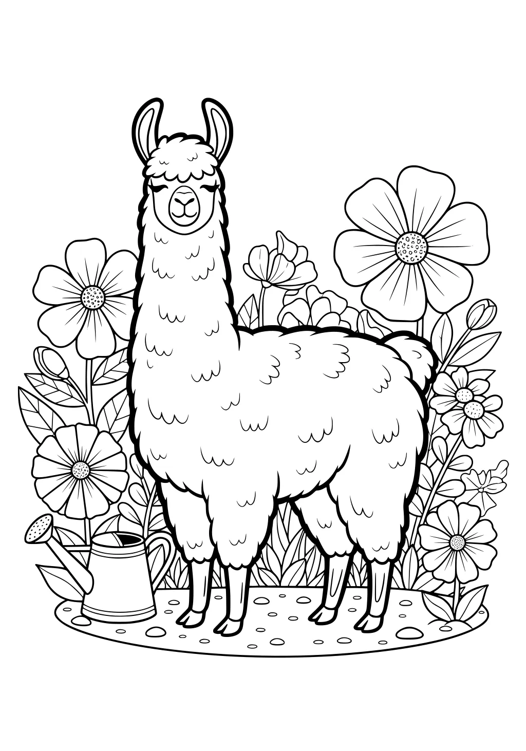 Llama standing on a path surrounded by tall flowers and leaves, with a watering can resting by its feet.