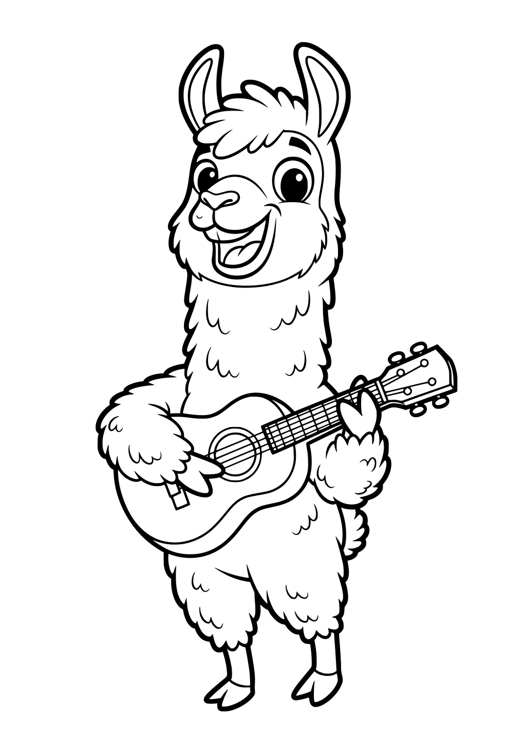 Happy cartoon llama standing upright and playing a guitar, fluffy fur, smiling expression.