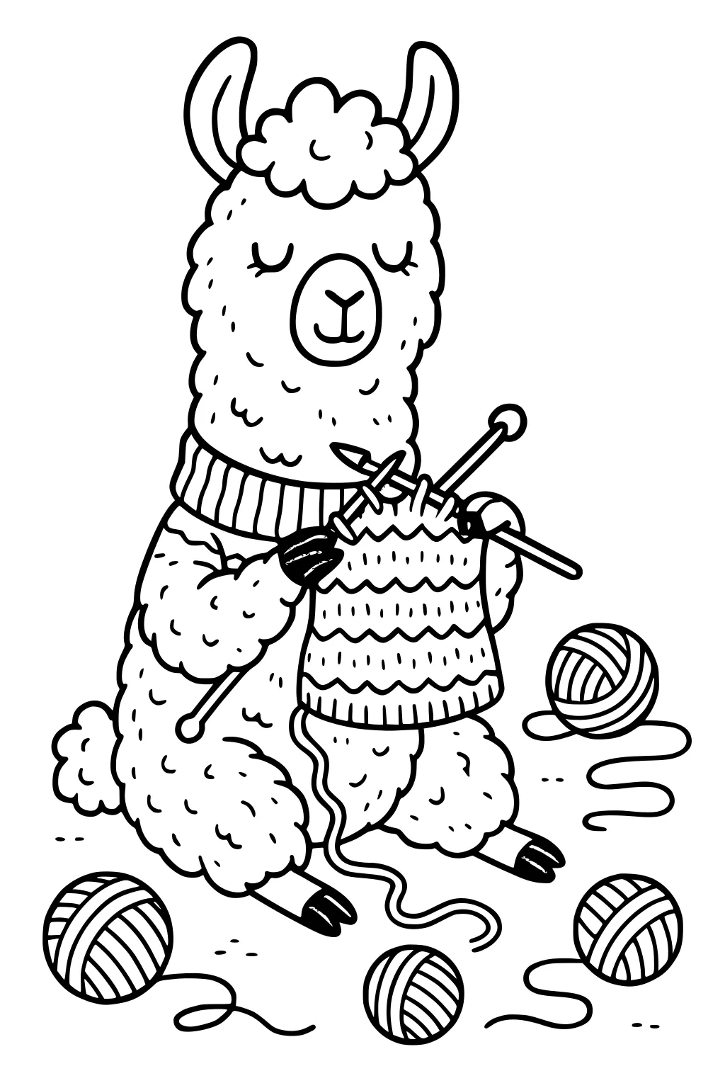 Llama wearing a turtleneck, knitting a patterned sweater with needles, surrounded by four balls of yarn.