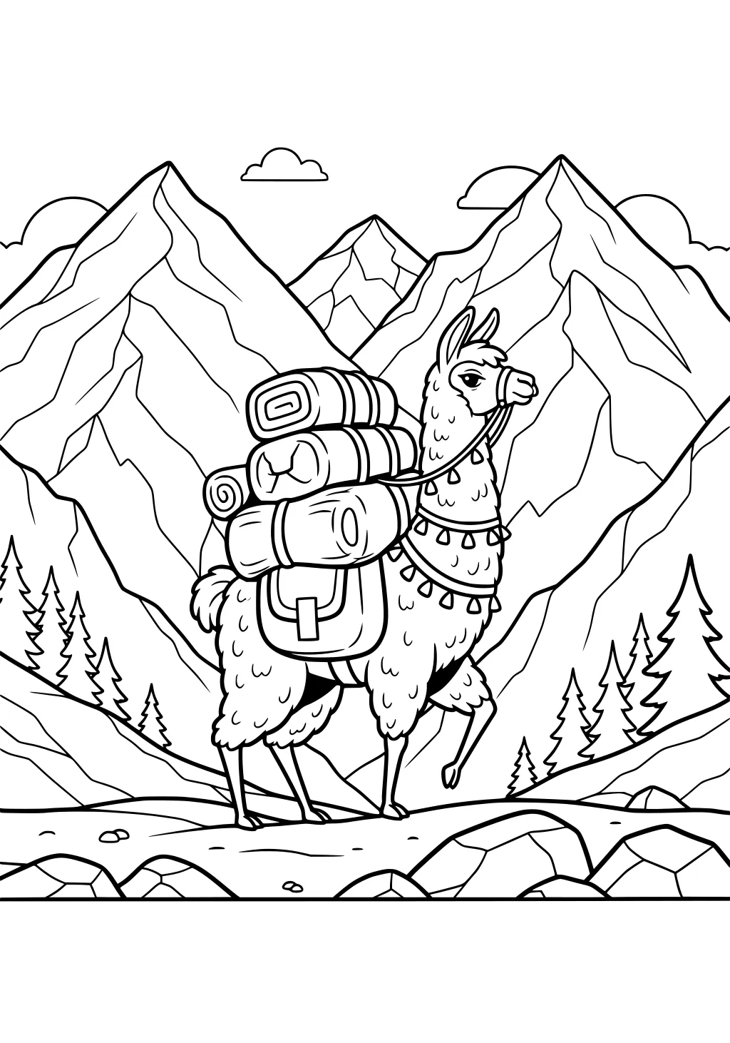 Llama carrying camping gear walks along a mountain trail. Pine trees, rocks, and tall snow-topped mountains fill the background.