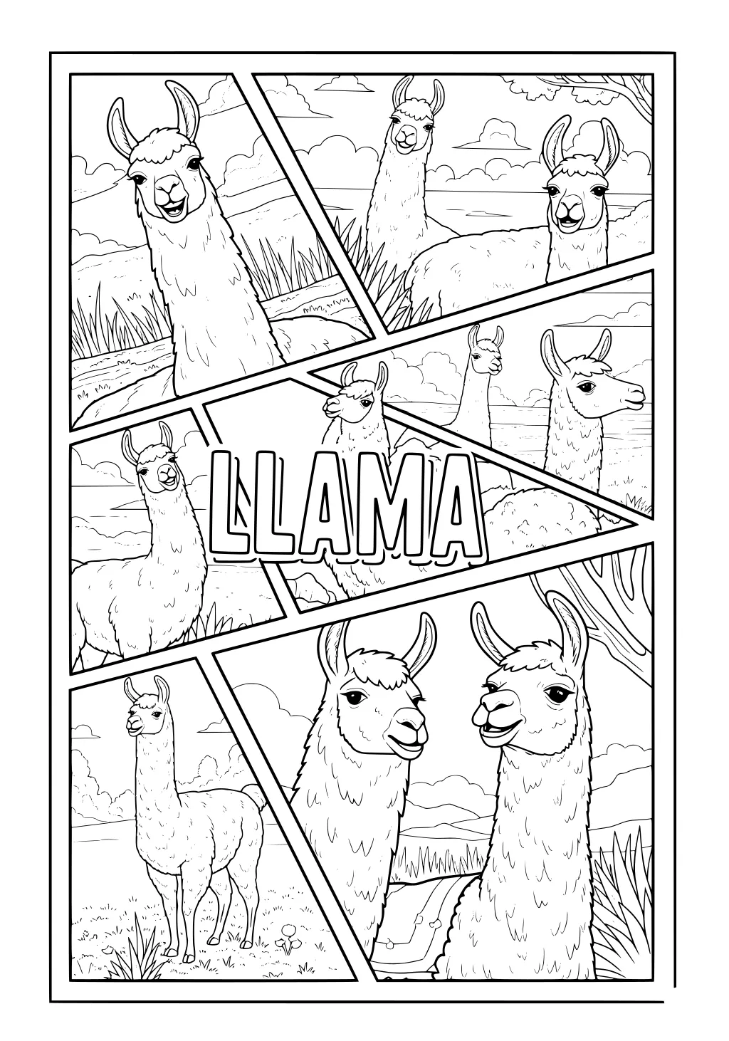 Comic-style page showing llamas in separate panels, each on grassy hills with fluffy fur and open skies in the background.