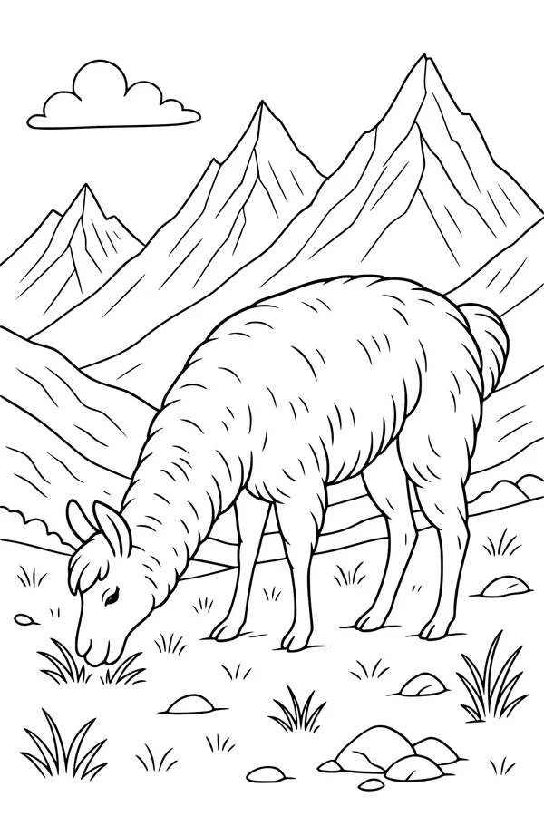Free Llama Coloring Page - Woolly Llama Grazing in Sunny Mountains (Printable PDF)